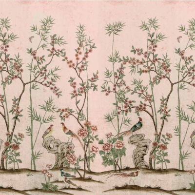 Wallpaper with repeating pattern of birds perched on branches, bamboo stalks, and blossoming flowers. Elements in muted green, pink, and beige tones. Background in soft blush pink. Traditional Eastern artwork style.