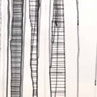 An abstract wallpaper featuring vertical black and gray lines of varying thickness and texture on a white background. The design incorporates solid lines, grid-like patterns, and streaked dripping effects, creating a dynamic visual journey. The contrast between the dark lines and bright background evokes the sensation of climbing a ladder.