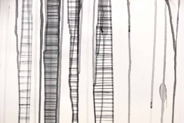 An abstract wallpaper featuring vertical black and gray lines of varying thickness and texture on a white background. The design incorporates solid lines, grid-like patterns, and streaked dripping effects, creating a dynamic visual journey. The contrast between the dark lines and bright background evokes the sensation of climbing a ladder.