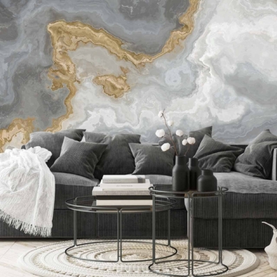 The wallpaper features an abstract design with marble-like patterns in gray, white, and gold hues.