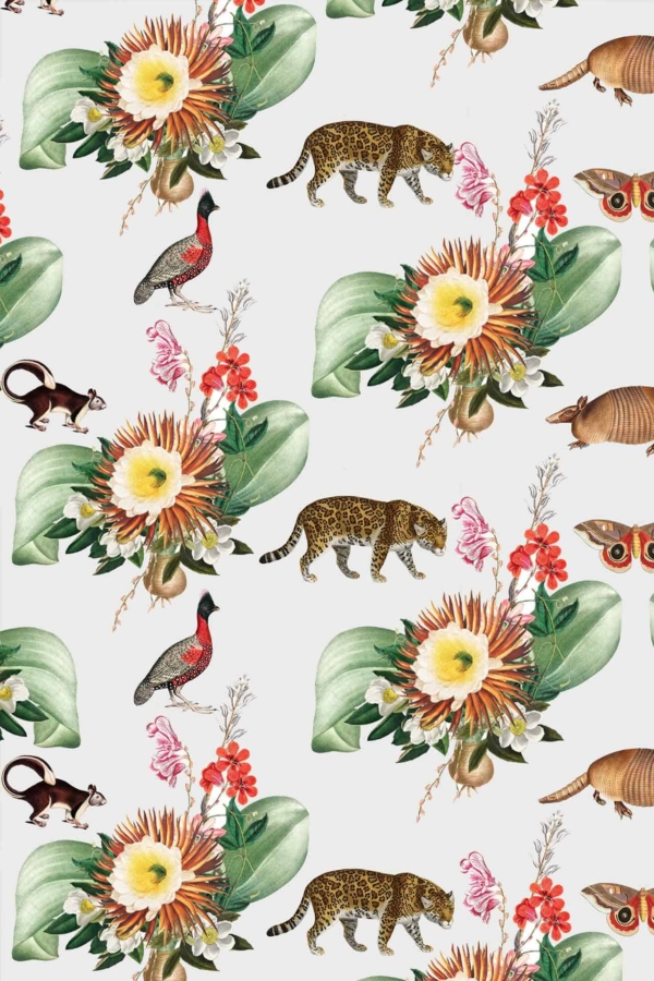 Wallpaper Features:  
- Tropical Elements: Large Flowers, Green Leaves  
- Animals: Leopards, Armadillos, Birds  
- Smaller Creatures: Moths, Monkeys  
- Design Style: Whimsical Coat of Arms  
- Background Color: Light  

Color Palette:
1. Greens (Leaves)
2. Bright and Bold Floral Colors
3. Animal Prints and Natural Tones