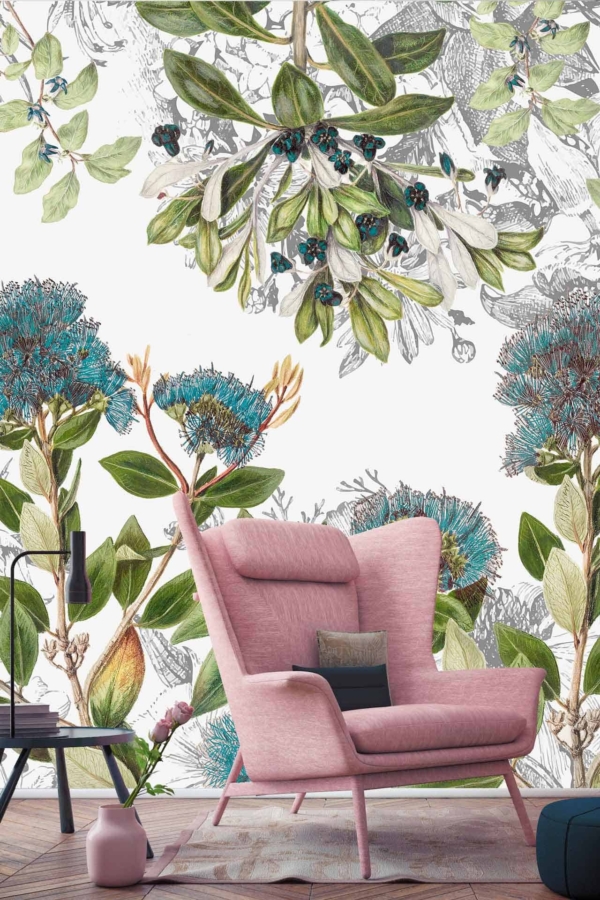 The wallpaper is adorned with an intricate botanical design featuring large green leaves, blue flowers, and berries.