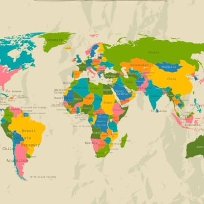 Vibrant world map wallpaper. Colour Run style. Countries in bright hues. Clear continent display. Labelled country names. Highlighted boundaries and geographic relations. Visible major bodies of water: oceans, seas, lakes, rivers. Elements: vibrant colors, geographic clarity, labeled countries.