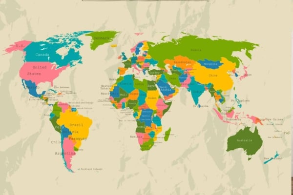 Vibrant world map wallpaper. Colour Run style. Countries in bright hues. Clear continent display. Labelled country names. Highlighted boundaries and geographic relations. Visible major bodies of water: oceans, seas, lakes, rivers. Elements: vibrant colors, geographic clarity, labeled countries.