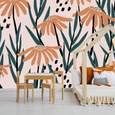 Flower-themed wallpaper with large orange flowers and green leaves.