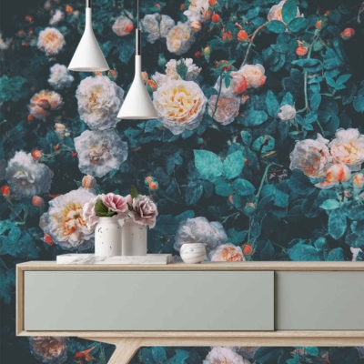 Vibrant floral mural with white and pink roses, reminiscent of a blooming Company Garden.