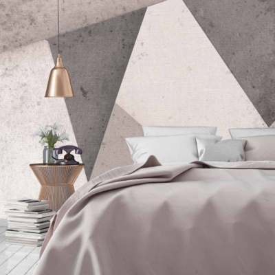 Geometric-patterned wallpaper featuring interlocking hexagons in shades of grey and white. The design creates a minimalist yet striking visual effect with clean lines and sharp angles, adding depth and dimension to the modern bedroom.