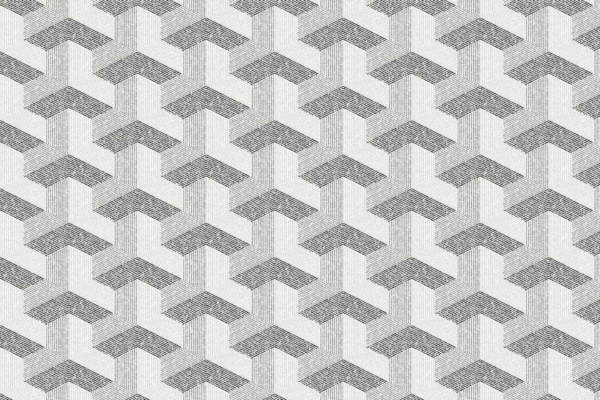 A repeating geometric pattern with interlocking arrows pointing downward, resembling a sophisticated conduit. The arrows are composed of linear, parallel lines, creating a textured appearance. Background: light gray. Foreground arrows: various shades of dark gray.