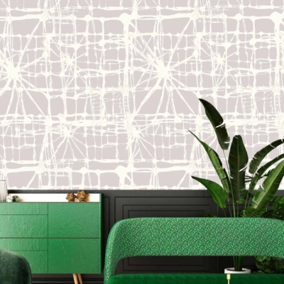 The modern living room's wallpaper features a geometric pattern with light grey and white shades.