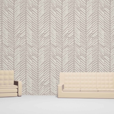 The wallpaper features a light geometric pattern of arrows pointing upward, subtly suggesting the passage of time. The background is a soft off-white while the arrows themselves are in muted shades, harmonizing with beige and subtle earth tones. This creates an inviting yet minimalistic design that aligns perfectly with mid-century modern aesthetics.