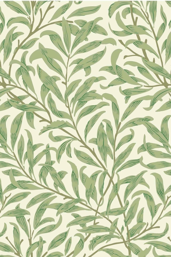 Seamless pattern with intricately drawn green foliage in varying shades, set against a light green background. Features dense, leafy branches and detailed textures. Covent Garden-inspired design with natural, fresh, and organic elements.