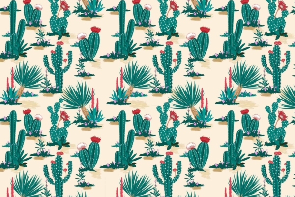 Vibrant cactus and succulent pattern, light beige background, green cactus stems, blooming red and pink flowers, lively desert landscape.