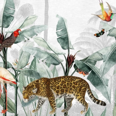 Illustrated jungle scene with large tropical leaves, giraffe, leopard, toucan, crane, tropical birds, butterflies, and sloth. Predominantly green and brown hues. Intricate details on flora and fauna. Elements: giraffe spots (yellow-brown), leopard texture (gold-black), toucan's colorful beak (red-yellow-blue), crane's slender shape (white-gray), vibrant tropical birds (multicolor), butterfly patterns (various colors) among lush green leaves and foliage. Ideal for nature-themed decor enthusiasts searching for detailed jungle wildlife wallpaper.