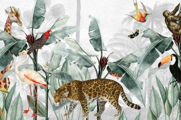 Illustrated jungle scene with large tropical leaves, giraffe, leopard, toucan, crane, tropical birds, butterflies, and sloth. Predominantly green and brown hues. Intricate details on flora and fauna. Elements: giraffe spots (yellow-brown), leopard texture (gold-black), toucan's colorful beak (red-yellow-blue), crane's slender shape (white-gray), vibrant tropical birds (multicolor), butterfly patterns (various colors) among lush green leaves and foliage. Ideal for nature-themed decor enthusiasts searching for detailed jungle wildlife wallpaper.