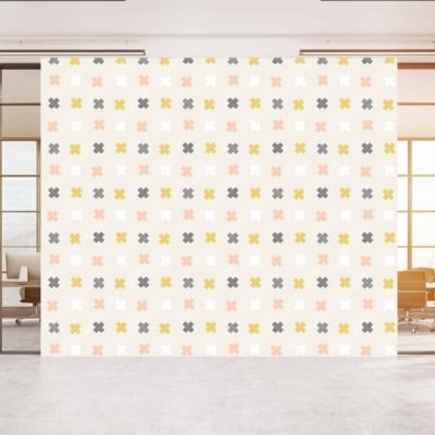 Modern office wallpaper with criss-cross pattern of multicolored flower-like shapes. Colors: pale yellow, pink, green, gray.