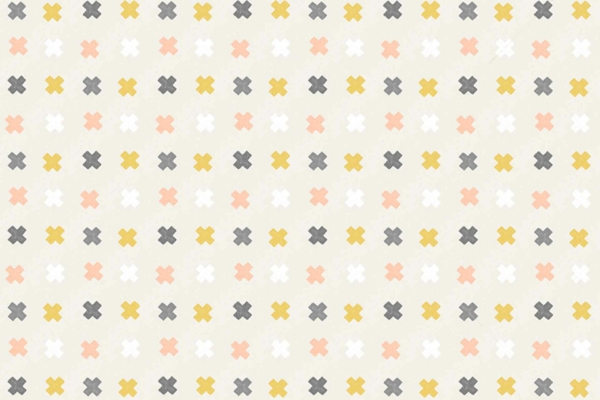 Seamless pattern of small X shapes in yellow, gray, peach, and white on light gray background. Crisscross design; uniform distribution; repetitive geometric pattern.