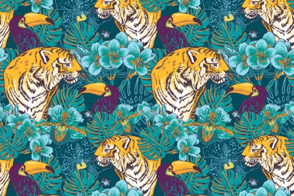 Seamless wallpaper pattern featuring detailed illustrations of crouching tigers, vibrant toucans, and a variety of tropical green leaves and colorful flowers. Set against a dark teal background for a lush, exotic jungle aesthetic. Key elements: tigers, toucans, green foliage. Colors: dark teal, greens, bright bird plumage.