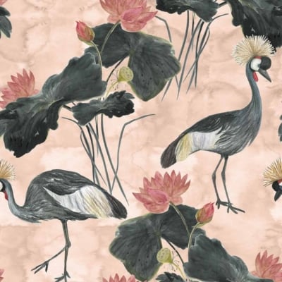 A seamless wallpaper pattern features elegant crowned cranes amidst large, dark green lotus leaves and pink lotus flowers on a light beige background. The birds are depicted in various stances, creating a balanced and harmonious design. Elements: crowned cranes, dark green lotus leaves, pink lotus flowers. Colors: light beige background, dark green, pink.