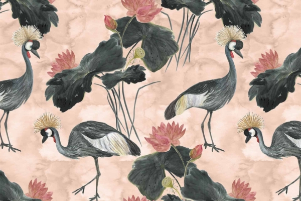 A seamless wallpaper pattern features elegant crowned cranes amidst large, dark green lotus leaves and pink lotus flowers on a light beige background. The birds are depicted in various stances, creating a balanced and harmonious design. Elements: crowned cranes, dark green lotus leaves, pink lotus flowers. Colors: light beige background, dark green, pink.