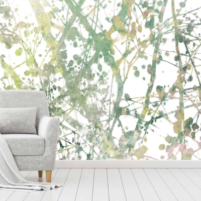 Wallpaper features: green and white abstract pattern, foliage-like design, adds dynamic movement, serene ambiance.