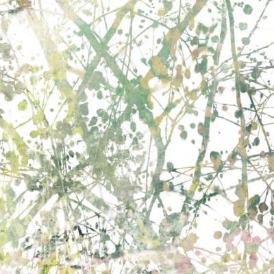 Abstract watercolor wallpaper with overlapping brush strokes and splatters in green, yellow, and brown. Resembles branches and leaves with organically blended colors, creating depth and movement against a white background.
