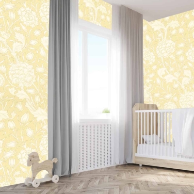 Pale yellow wallpaper with a floral pattern featuring dandelions.
