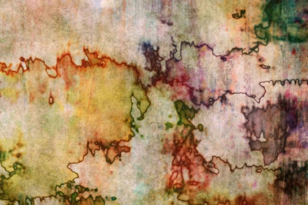 An abstract wallpaper by Danielle's Ink features a mix of vibrant colors—red, green, yellow, and purple. The design showcases irregular, fluid shapes and lines forming a textured, organic pattern. Variations in saturation create areas that are both bold and blurred.