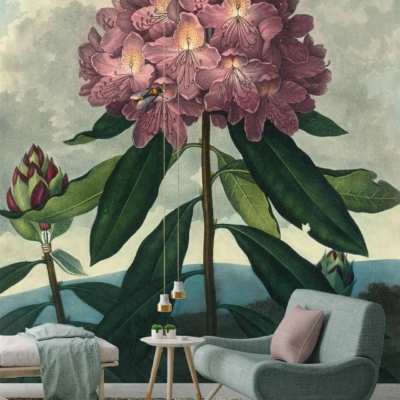 In the living room, a stunning large wall mural showcases a blooming pink flower with lush green leaves. This floral wallpaper, echoing the beauty of the Darling Buds of May, features delicate petals in various shades of pink and vibrant green foliage that stand out vividly against a subtle background. The radiant blooms create an eye-catching centerpiece and add an element of nature's tranquility to the space.