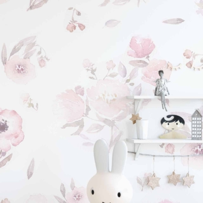 The wallpaper features soft floral patterns in pastel pink and green hues. It includes delicate flowers, subtle vines, and gentle shades that create a whimsical and romantic ambiance perfect for a darling room.