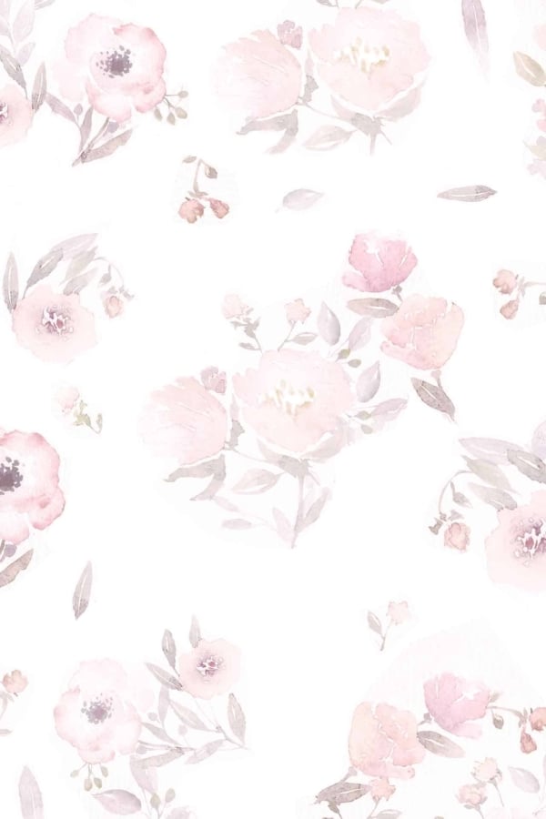 A delicate watercolor floral wallpaper showcases soft pink and peach flowers with subtle green leaves on a white background. The design is light and airy, featuring blossoms in various bloom stages. Key elements: pink flowers, peach flowers, green leaves, white background, watercolor style.