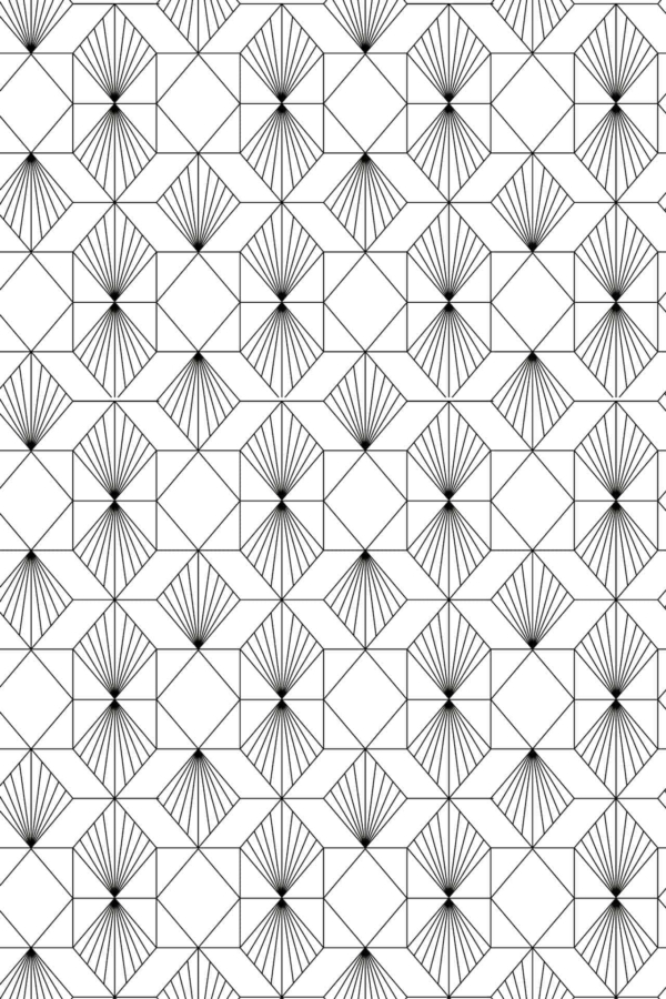 A seamless pattern with octagonal shapes divided by radiating lines, creating a geometric fan-like design. Black and white colors dominate, arranged in a grid-like structure resembling a strategic game board. Elements include octagons, segmented designs, radiating lines, geometric patterns, and monochrome palette.