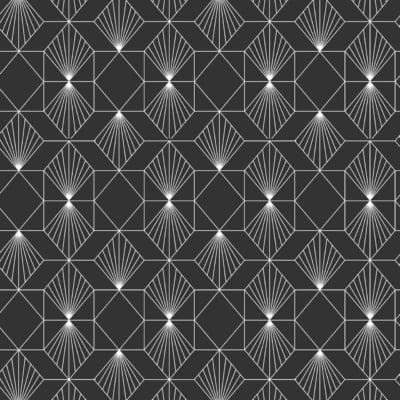 Seamless geometric pattern, black and white linear designs, interconnected hexagons, divided into six triangular sections, radiating lines from the center, visually striking star effect on dark background.