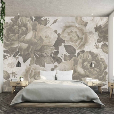 The wallpaper behind the bed is a large floral mural in shades of grey. The floral design features intricate patterns and varying grey tones, creating an elegant and sophisticated focal point for the bedroom. Searching terms: *large floral mural*, *shades of grey*, *intricate patterns*.