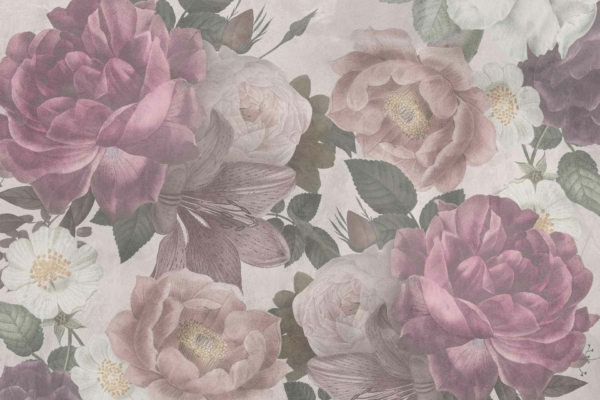 Seamless wallpaper pattern featuring large blooming flowers like roses and peonies in soft shades of pink, white, and mauve. Complemented by green leaves on a light, muted background. Vintage, botanical aesthetic ideal for decor enthusiasts.