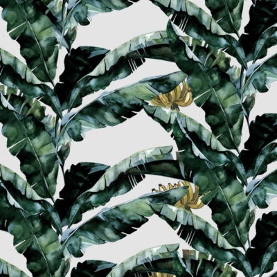 Dear Diary,
Today I was mesmerized by a stunning wallpaper design. It's a seamless pattern featuring **large, dark green banana leaves** placed densely together on a **light background**. Here and there, clusters of **yellow bananas** pop out, adding bursts of color to the lush greenery. The overall effect is an inviting, tropical atmosphere that makes me feel like I'm surrounded by nature's beauty. Truly captivating!