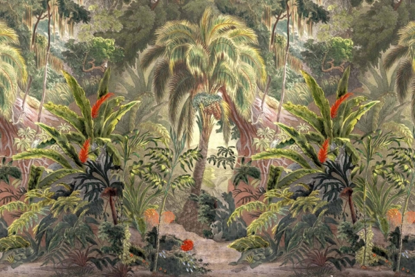 A wallpaper of a lush tropical jungle features towering palm trees in the background and diverse green foliage in the foreground. Bright red and orange flowers provide vibrant splashes of color amid deep greenery, creating a serene and exotic atmosphere. Key elements include palm trees, green foliage, red flowers, orange flowers, vibrant colors, tropical essence.
