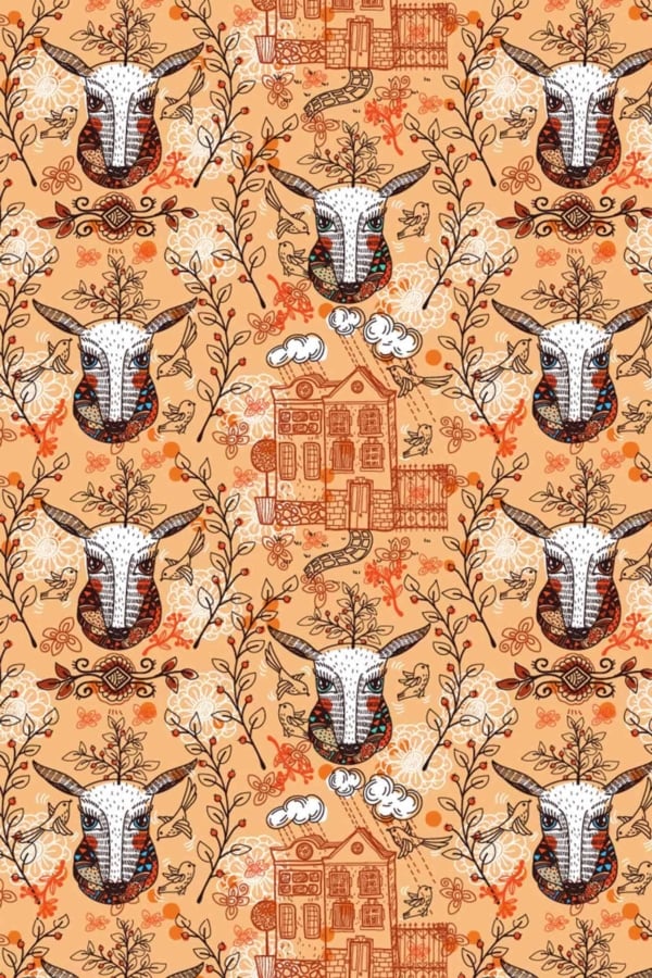 Warm light brown background, detailed goat heads, ornate floral designs, sketches of houses, small farm-related illustrations, earthy tones.