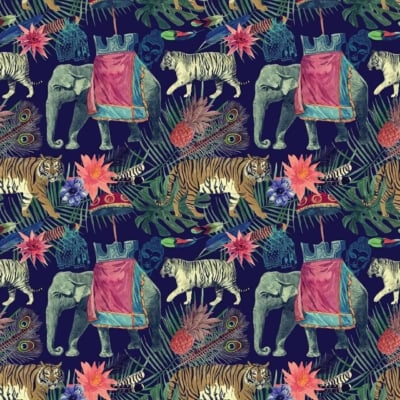 A vibrant and detailed illustration inspired by Delhi travels, featuring tigers, elephants with ornate cloths, peacocks, large tropical leaves, pineapples, and colorful flowers on a dark background. The pattern repeats seamlessly for a rich jungle-themed design. Highlighted elements: tigers, elephants with ornate cloths, peacocks, tropical leaves, pineapples, colorful flowers. Main colors: bold oranges (tigers), luxurious golds and reds (ornate cloths), iridescent blues and greens (peacocks), lush greens (leaves), golden yellows (pineapples), vivid pinks and purples (flowers). All set against a dark backdrop to make the colors pop. Perfect for creating an exotic ambiance with its intricate details and vibrant palette.