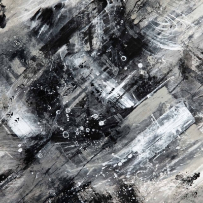 Abstract wallpaper features dynamic strokes in shades of black, white, and grey. Various textures and splatters create movement and depth across the design. The intricate play of monochromatic elements highlights contrasting hues, making it visually engaging for an elegant yet modern space.
