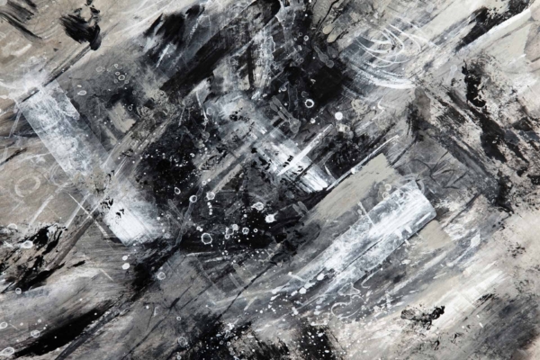 Abstract wallpaper features dynamic strokes in shades of black, white, and grey. Various textures and splatters create movement and depth across the design. The intricate play of monochromatic elements highlights contrasting hues, making it visually engaging for an elegant yet modern space.