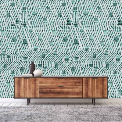 Geometric wallpaper featuring a repeating pattern in teal and white.
