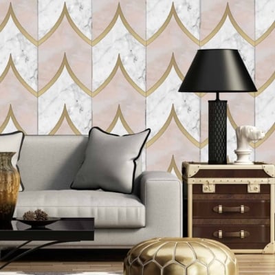 The wallpaper features a geometric chevron pattern with gold, white, and pink elements.
