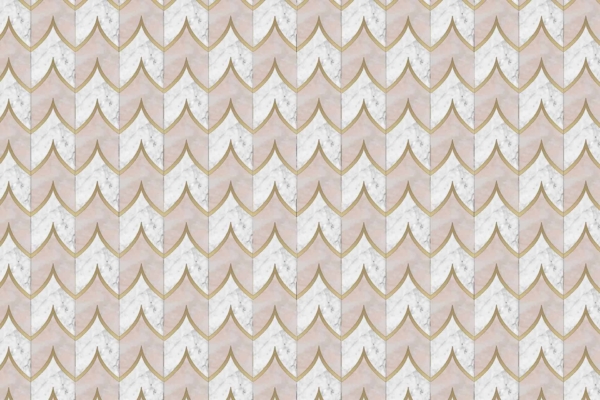 This wallpaper showcases a repeating scallop pattern with alternating rows of soft pink and white textures. Each scallop is accented by thin gold edges, creating a visually appealing, fish-scale-like design. The Directors Cut version adds an elegant touch, making the pattern as refined as the final scene in a film editing process. Elements: scallop pattern, alternating rows, soft pink texture, white texture, thin gold edges.