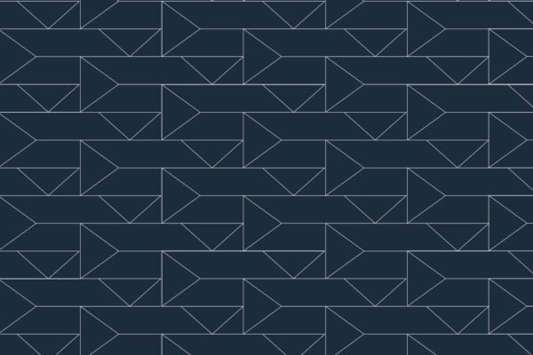 Dark geometric pattern, interlocking shapes, thin white lines, rectangles and triangles, optical illusion, three-dimensional arrow-like forms, repetitive tessellated layout. Colors: black, white.