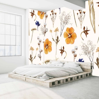The wallpaper features vibrant floral patterns showcasing orange, yellow, blue, and brown flowers on a minimalist backdrop. These colors—orange, yellow, blue, and brown—intertwine to create a lively yet elegant motif. The floral design adds a burst of color and visual interest to the room's decor.