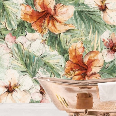 The wallpaper features large, colorful hibiscus flowers in vibrant hues such as red, pink, and orange, interspersed with lush green leaves. This bold and lively design creates a tropical ambiance ideal for a refreshing bathroom setting.