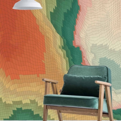 A colorful, abstract mural featuring warm tones of orange, green, and beige in a wavy, grid-like pattern that echoes Earth's vibrations.