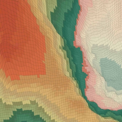 A vibrant topographic map with a grid overlay showcases elevations in shades of red, green, yellow, and pink. This intricate pattern resembles Earth's vibrations across mountainous terrain and geological formations. Elements: topographic map, grid overlay, varying elevations, red shades, green shades, yellow shades, pink shades.