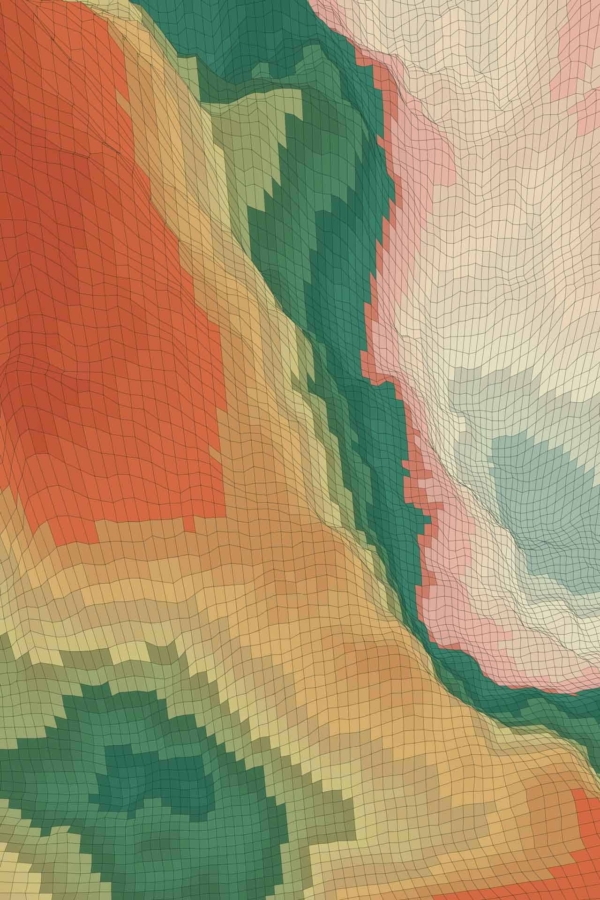 A vibrant topographic map with a grid overlay showcases elevations in shades of red, green, yellow, and pink. This intricate pattern resembles Earth's vibrations across mountainous terrain and geological formations. Elements: topographic map, grid overlay, varying elevations, red shades, green shades, yellow shades, pink shades.
