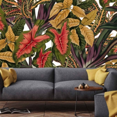 The wallpaper features vibrant tropical leaves in various shades of green, with accents of deep blues and bright yellows. The lush patterns include intricate details of monstera, palm fronds, and other foliage designs. Perfect for plant enthusiasts seeking an exotic, nature-inspired aesthetic.